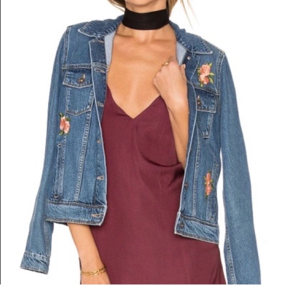 X SOLD X NWT PAIGE Blue Denim Jacket with Orange Floral Accents